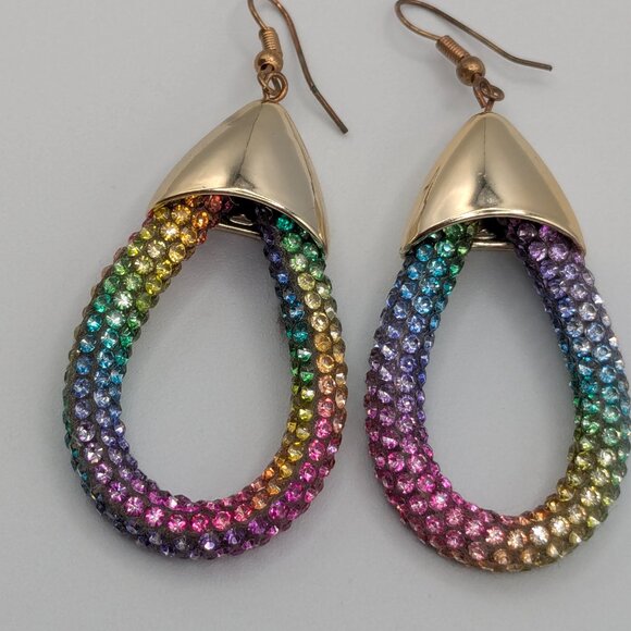 Crystal Women's Teardrop Hoop Multicolored Earrings Lightweight Gold Tone - Picture 5 of 7